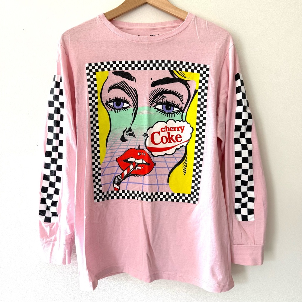 Coca Cola Cherry Coke Retro 80s Inspired Pop Art Pink Long Sleeve Graphic Tshirt